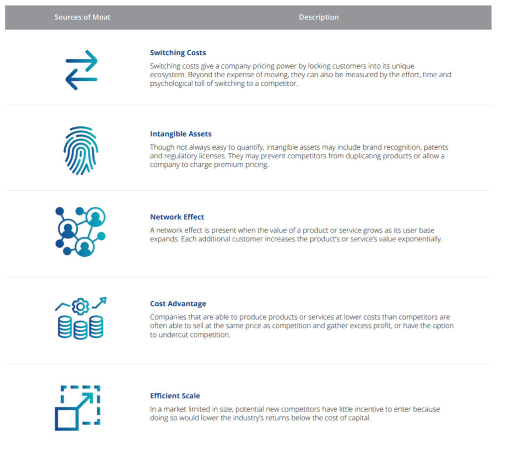 Sources of Moat or Competitive Advantage - Switching Costs - Intangible Assets - Network Effect - Cost Advantage - Efficient Scale